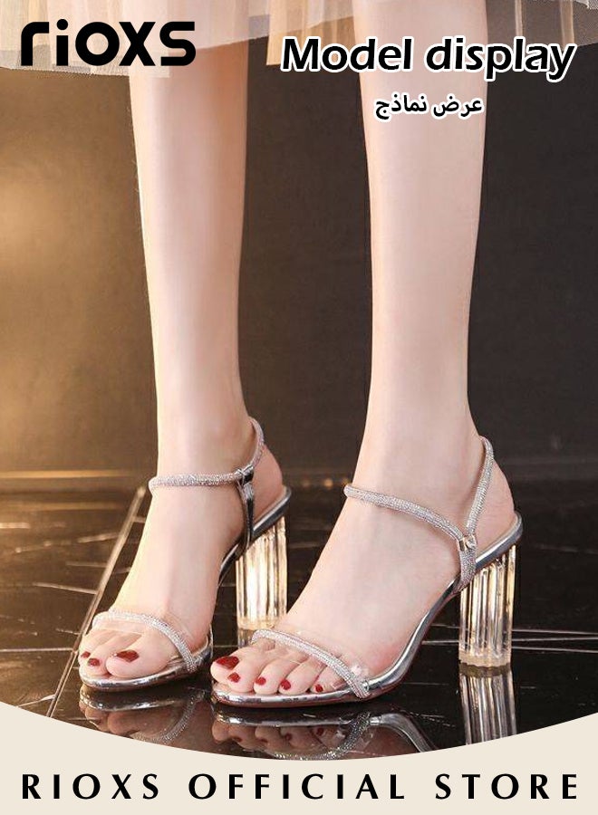 Women's Fashion Crystal High Heel Sandals Ankle Strap Round Open Toe Transparent Chunky Hirh Heel Sandals For Work and Party