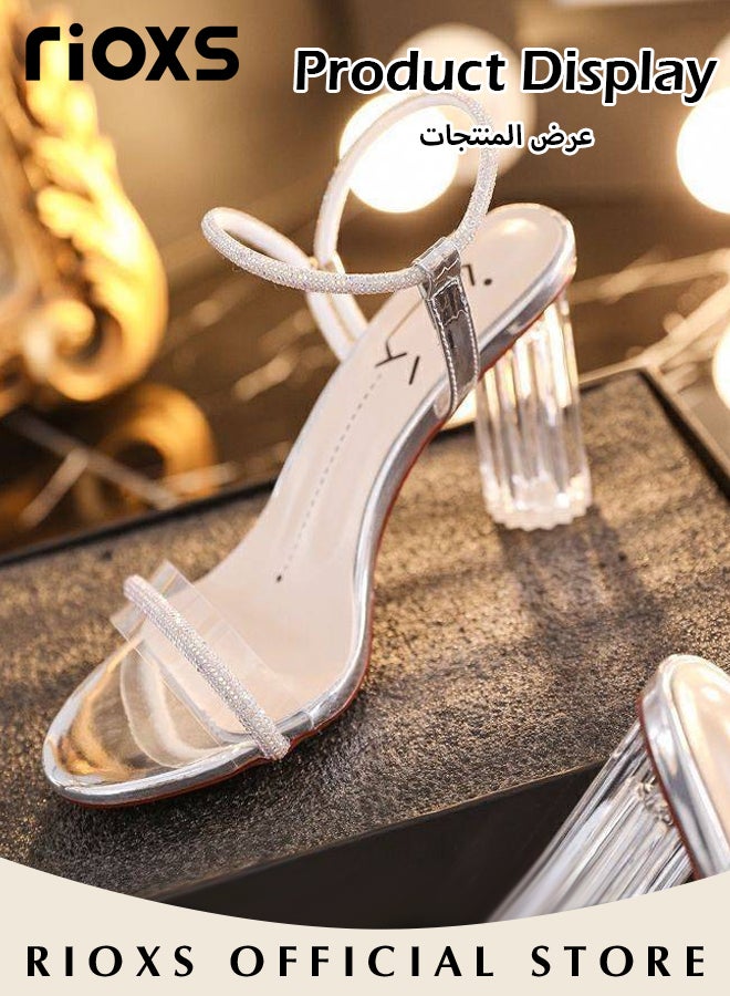 Women's Fashion Crystal High Heel Sandals Ankle Strap Round Open Toe Transparent Chunky Hirh Heel Sandals For Work and Party