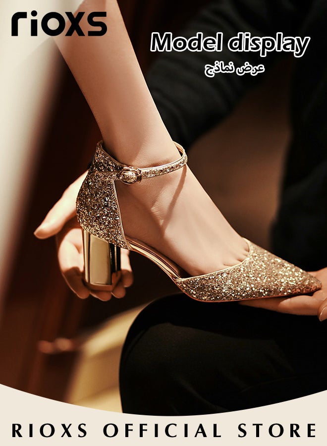 Women's Fashion Rhinestones High Heels Ankle Strap Pointed Closed Toe Chunky High Heel Pump for Wedding Party or Dating