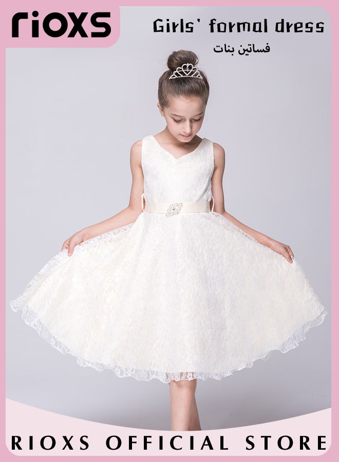 Kids Girls Elegant Lace Gowns Dress V Neck Sleeveless Dress Cute Princess Dress for Performance