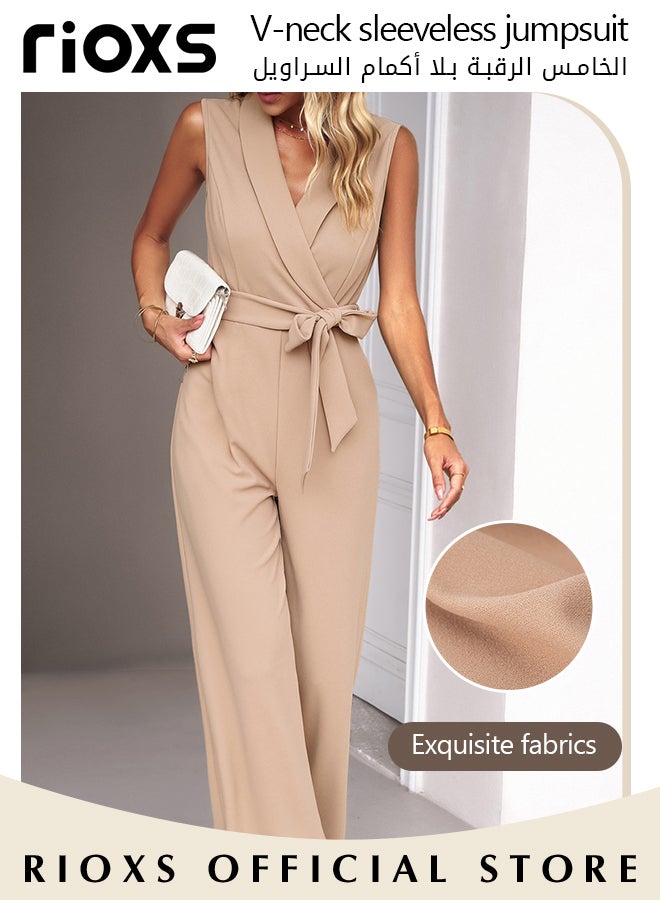 Women's Sleeveless Slimming Jumpsuit Outfit V Neck Top And Loose Straight Leg Long Pants With Waist Belt For Business Work And Daily Wear