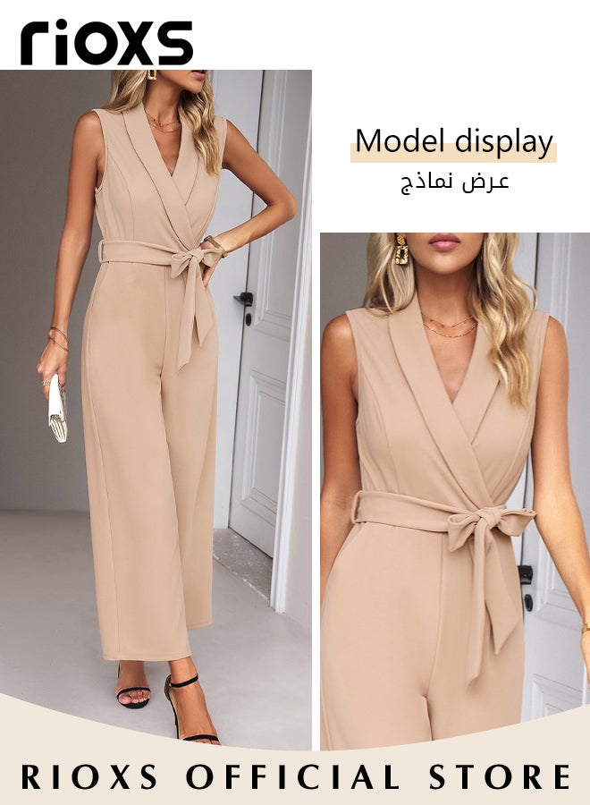 Women's Sleeveless Slimming Jumpsuit Outfit V Neck Top And Loose Straight Leg Long Pants With Waist Belt For Business Work And Daily Wear