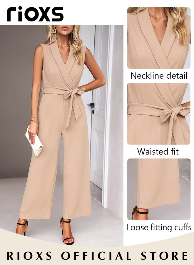 Women's Sleeveless Slimming Jumpsuit Outfit V Neck Top And Loose Straight Leg Long Pants With Waist Belt For Business Work And Daily Wear