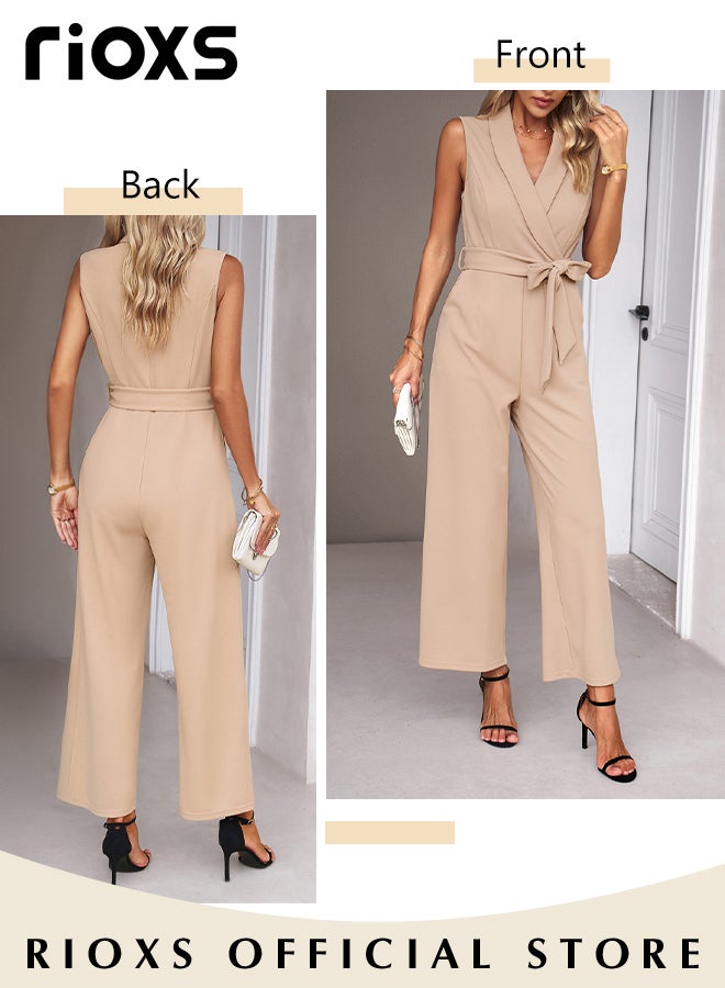 Women's Sleeveless Slimming Jumpsuit Outfit V Neck Top And Loose Straight Leg Long Pants With Waist Belt For Business Work And Daily Wear