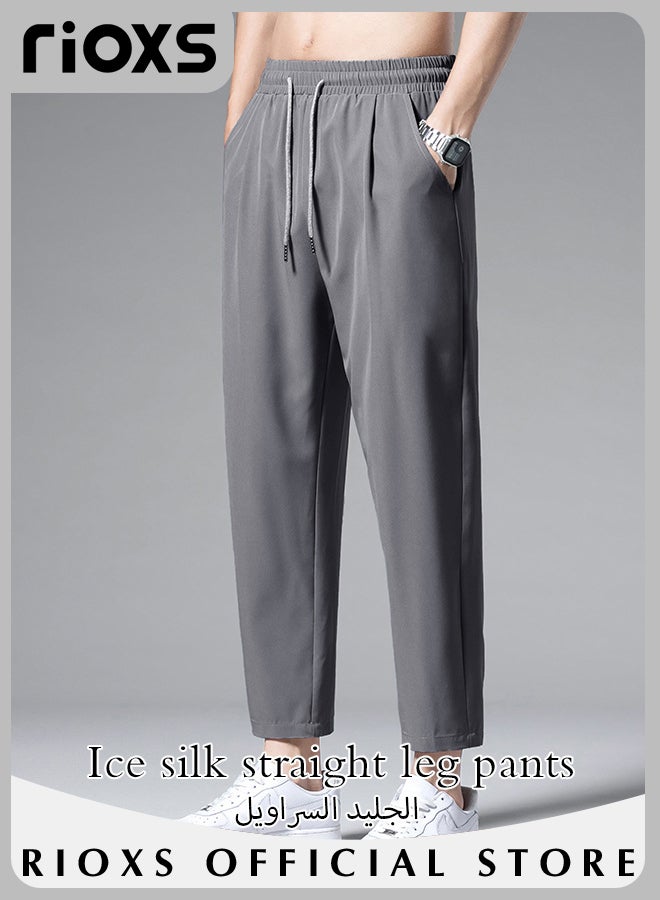 Men's Cool Ice Silk Casual Pants Elastic Waist Drawstring Long Pants Soft and Lightweight Straight Pants With 2 Pockets