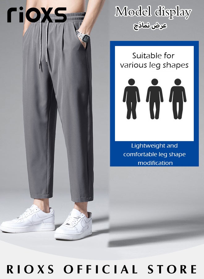 Men's Running Stretch Pants, Ice Silk Lightweight Trousers, Casual Drawstring Pants with 2 Pockets, Breathable Skin-friendly Sweatpants, Elastic Waist with Adjustable Drawstring, Comfortable for Daily Wear or Outdoor Activities