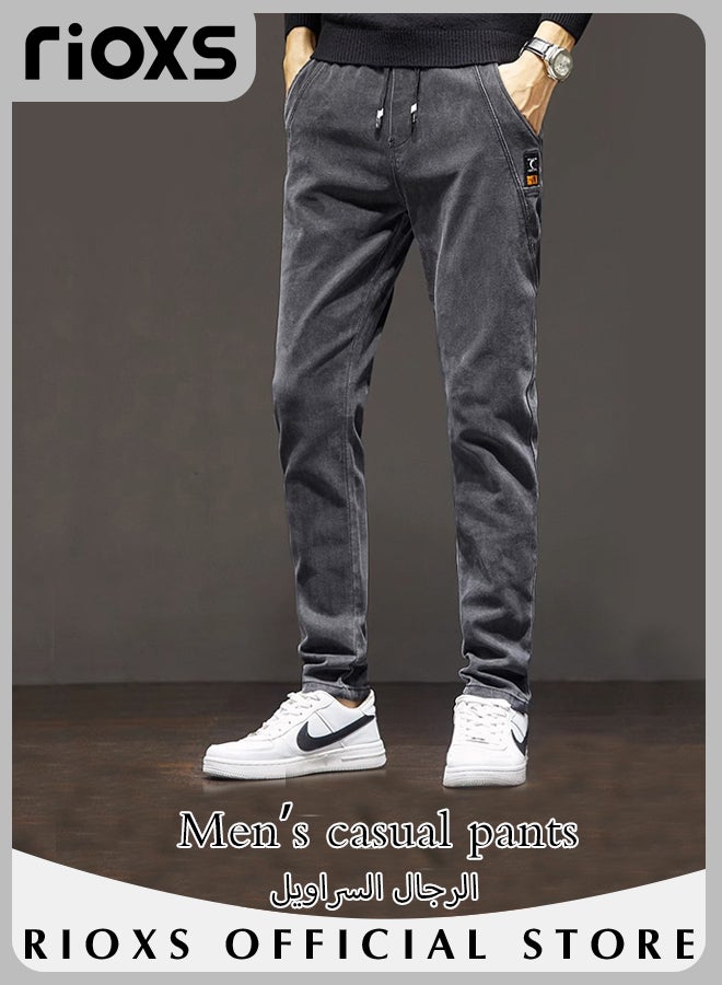 Men's Slim Fit Jeans With Tight Legs Teen Harlan Casual Long Pants Elastic Waist Downstring Denim Pants with 4 Pockets