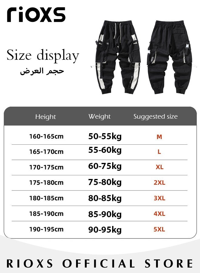 Men's Fashion Characteristic Street Cargo Pants Teens Elastic Waist Downstring Jogger Pants With Multi Pockets and Ribbons