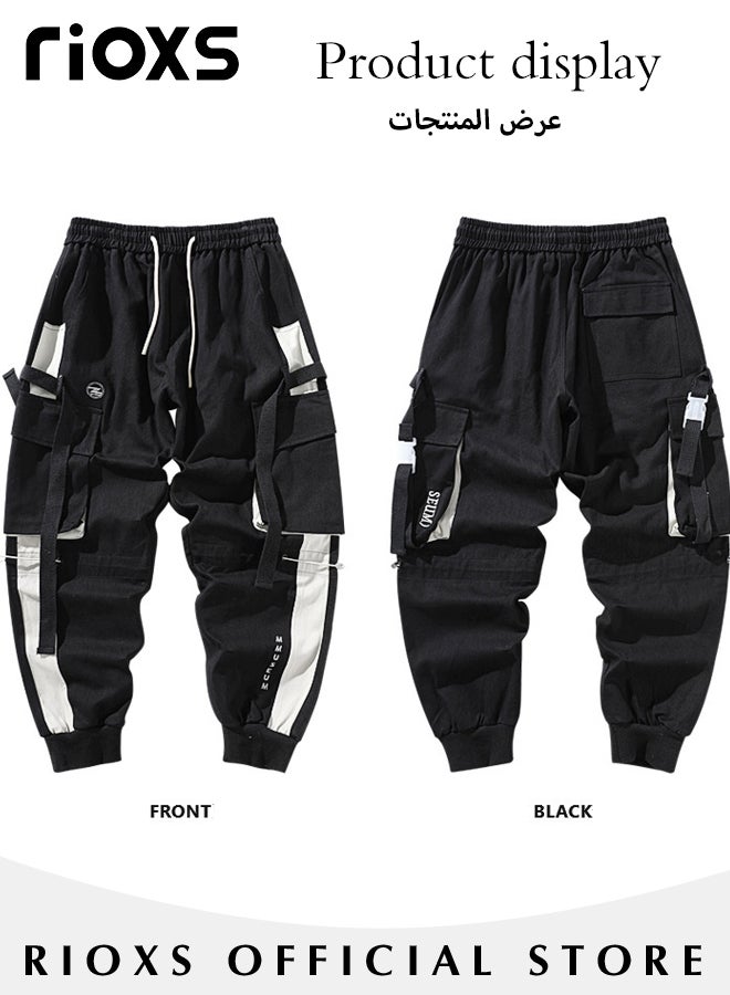 Men's Fashion Characteristic Street Cargo Pants Teens Elastic Waist Downstring Jogger Pants With Multi Pockets and Ribbons