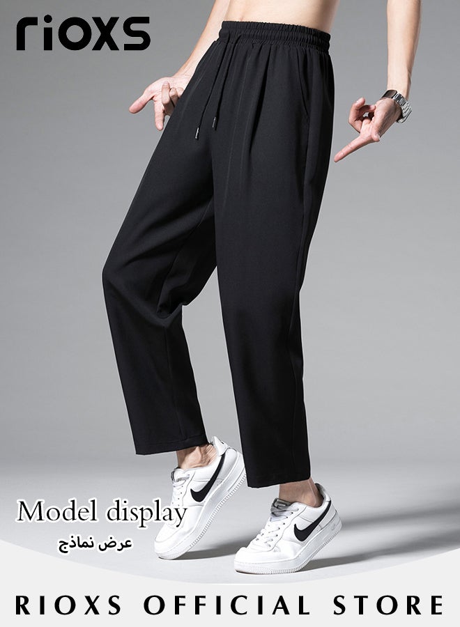 Men's Cool Ice Silk Casual Pants Elastic Waist Drawstring Long Pants Soft and Lightweight Straight Pants With 2 Pockets