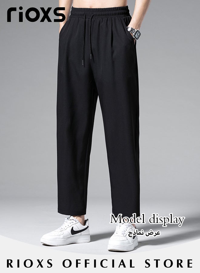 Men's Cool Ice Silk Casual Pants Elastic Waist Drawstring Long Pants Soft and Lightweight Straight Pants With 2 Pockets