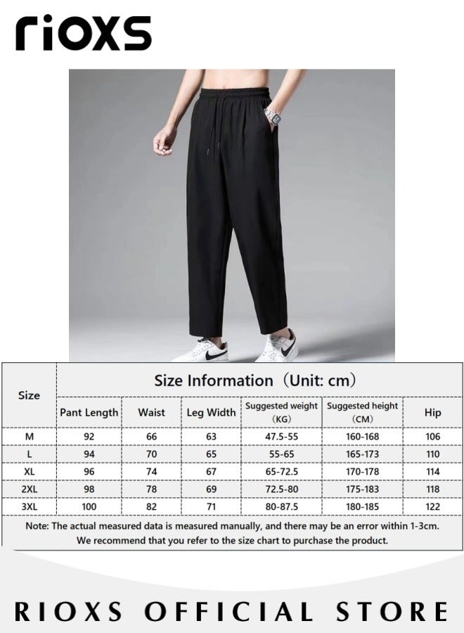 Men's Cool Ice Silk Casual Pants Elastic Waist Drawstring Long Pants Soft and Lightweight Straight Pants With 2 Pockets