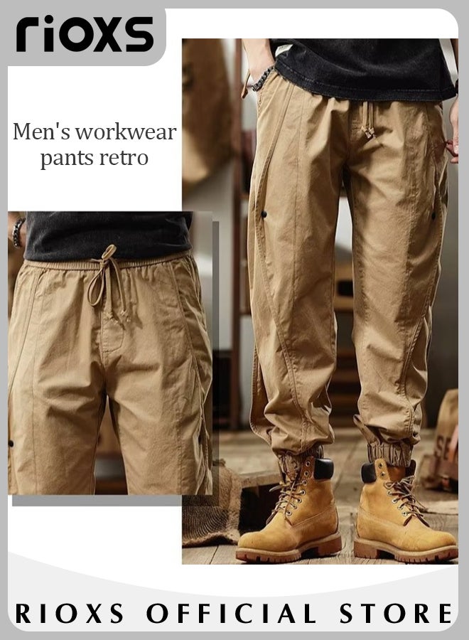 Men's Casual Wide Leg Cargo Pants Fashion Workout Jogging Drawstring Trousers Loose Breathable Pants with Elasticated strap