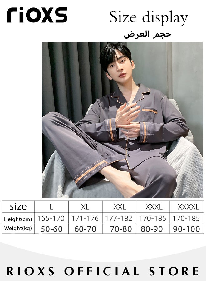 Men's 2 Pieces Nightwear Suit Soft Cotton Long Sleeve Pajamas V Neck Buttons Tops & Long Loose Straight Leg Pants Teen Casual Cardigan Homewear