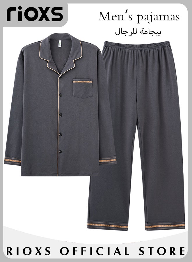 Men's 2 Pieces Nightwear Suit Soft Cotton Long Sleeve Pajamas V Neck Buttons Tops & Long Loose Straight Leg Pants Teen Casual Cardigan Homewear