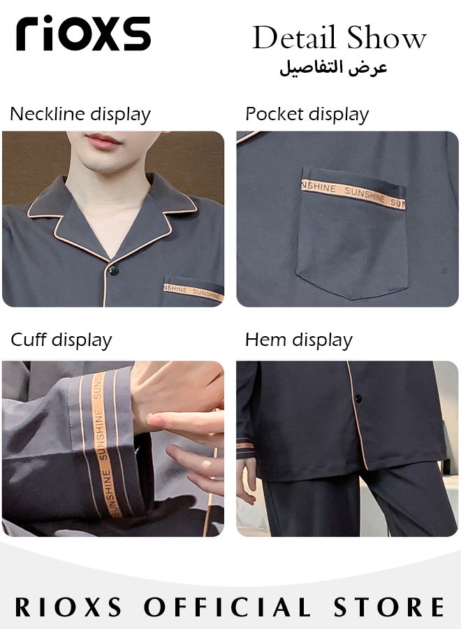 Men's 2 Pieces Nightwear Suit Soft Cotton Long Sleeve Pajamas V Neck Buttons Tops & Long Loose Straight Leg Pants Teen Casual Cardigan Homewear