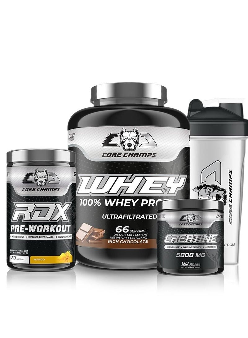 Core Champs Bundle - Whey Protein 5Lbs - Chocolate +  RDX Pre-Workout Mango 30Sv +  Creatine 300G +  Shaker