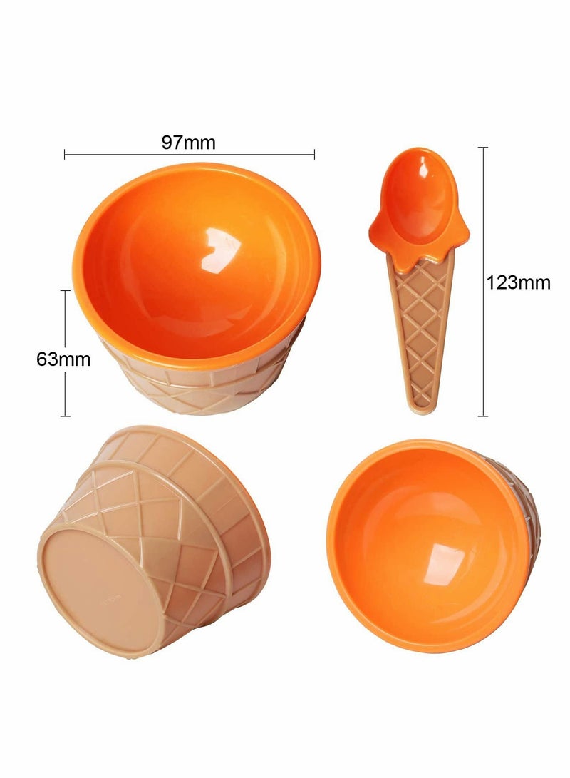 Ice Cream Dessert Bowls and Matching Spoons, Plastic, Assorted Cute Colours, Wafer Design,Set of 6