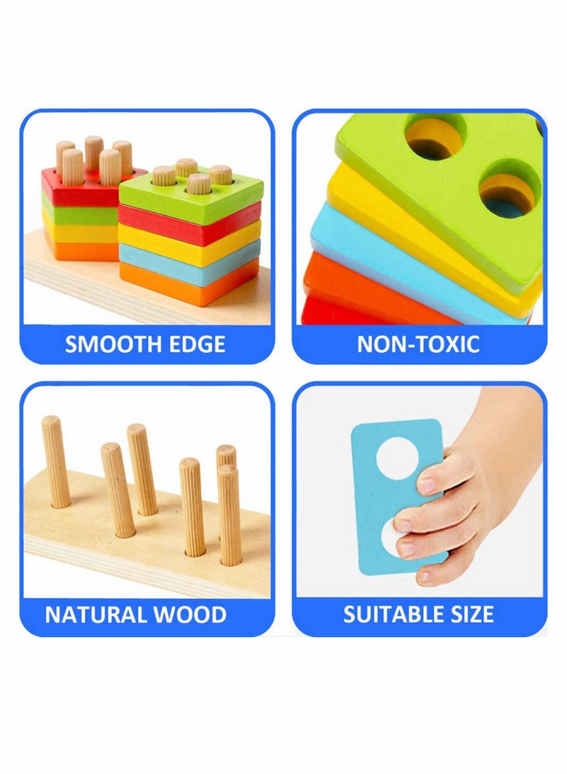 Wooden Sorting & Stacking Toy, Shape Sorter Toys for Toddlers, Montessori Color Recognition Stacker, Early Educational Block Puzzles for 1 2 3 Years Old Boys and Girls (5 Shapes)