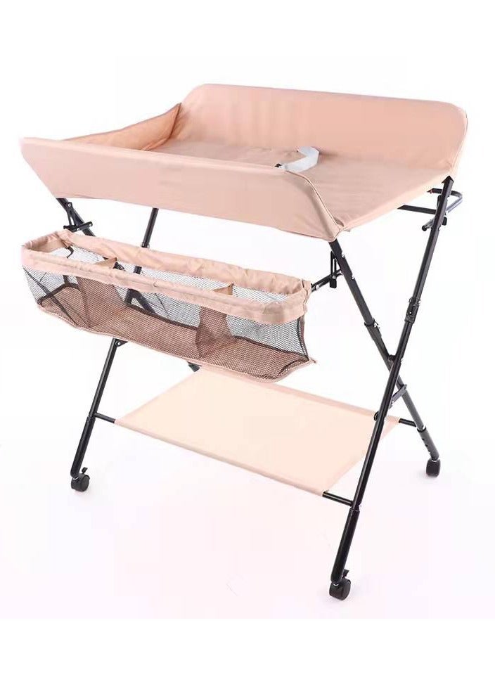 Baby Changing Table,Foldable, Portable,With Wheels, Height Can Be Adjusted In Three Steps,Waterproof Diaper Changing Table Pad Topper
