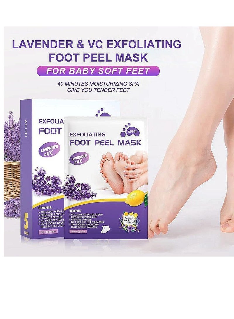 Foot Peel Mask, Foot Mask Callus Remover, Remove Dead Skin, Dry, Cracked Feet & Callus, Foot Spa, Made with Lavender Extract & Aloe Vera Extract for Women and Men Feet Peeling Mask Exfoliatin (5 Pcs)