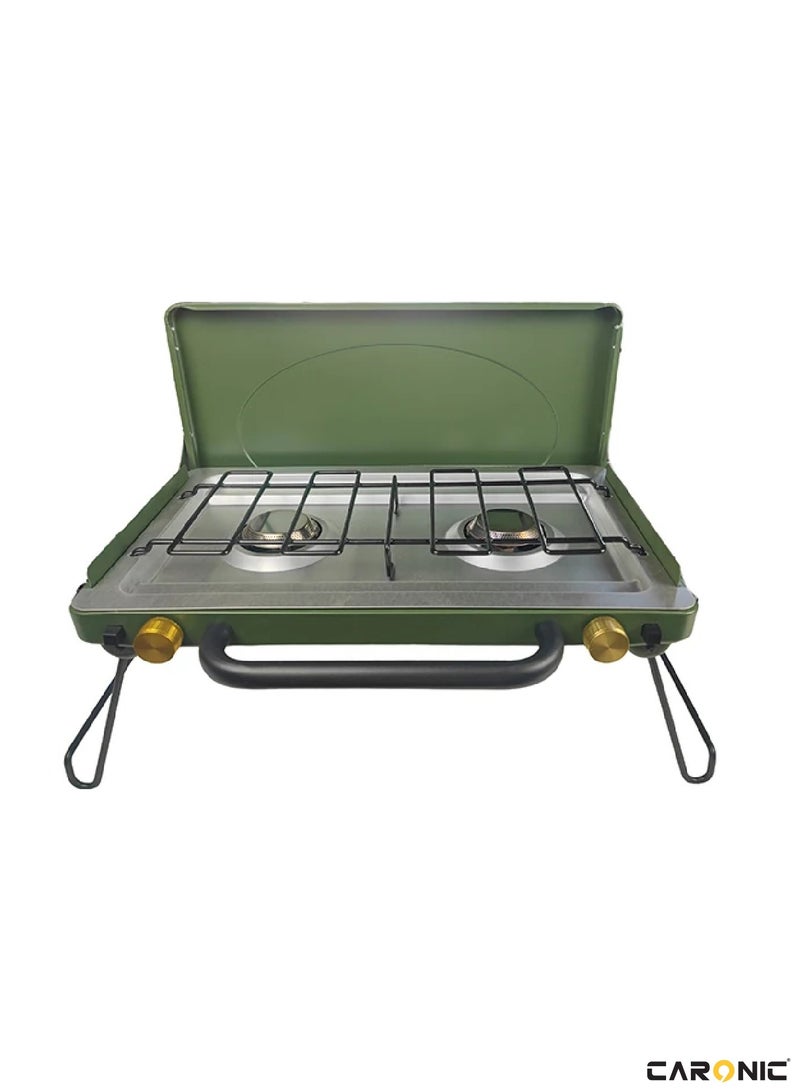 Portable Camping Gas Stove Double Burner Outdoor Automatic Ignition System Enamel Pan Support Green