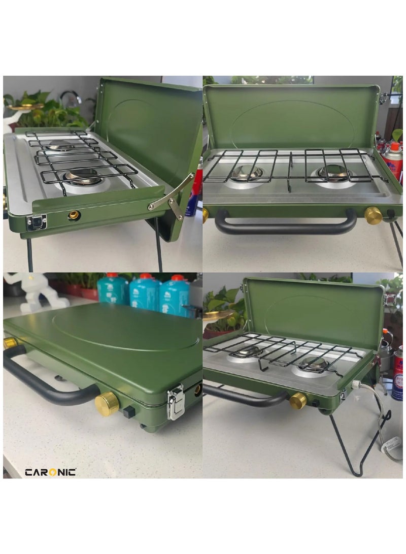 Portable Camping Gas Stove Double Burner Outdoor Automatic Ignition System Enamel Pan Support Green