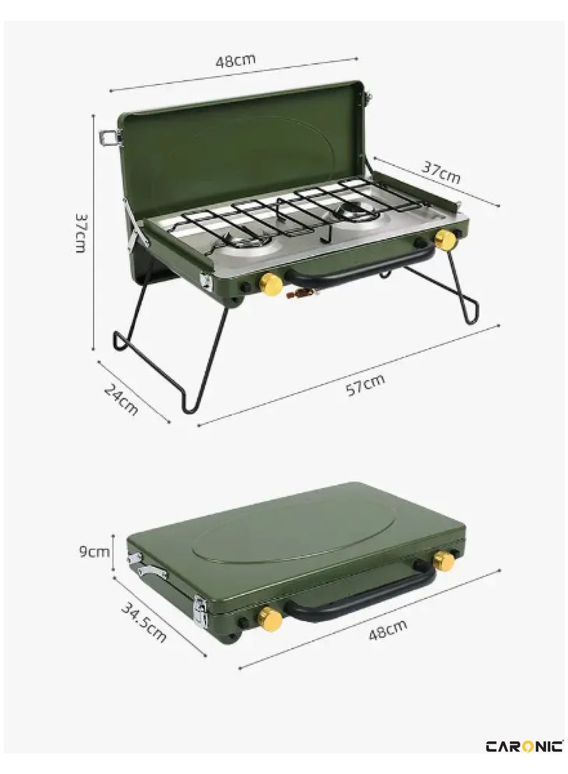 Portable Camping Gas Stove Double Burner Outdoor Automatic Ignition System Enamel Pan Support Green