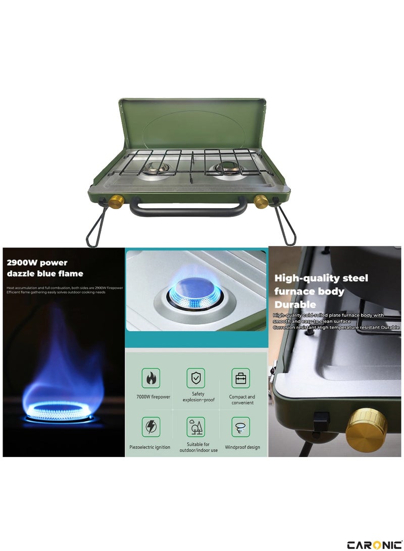 Portable Camping Gas Stove Double Burner Outdoor Automatic Ignition System Enamel Pan Support Green