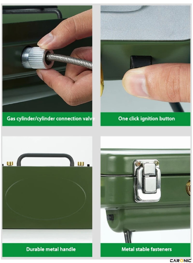 Portable Camping Gas Stove Double Burner Outdoor Automatic Ignition System Enamel Pan Support Green