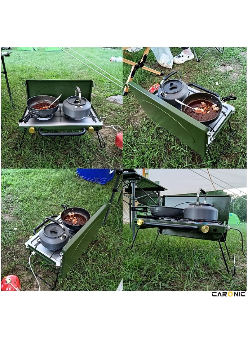 Portable Camping Gas Stove Double Burner Outdoor Automatic Ignition System Enamel Pan Support Green