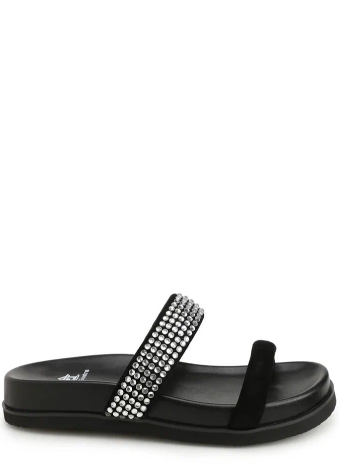 Women's Suede Platform Flip Flop Slides Decorated with Rhinestone, Black