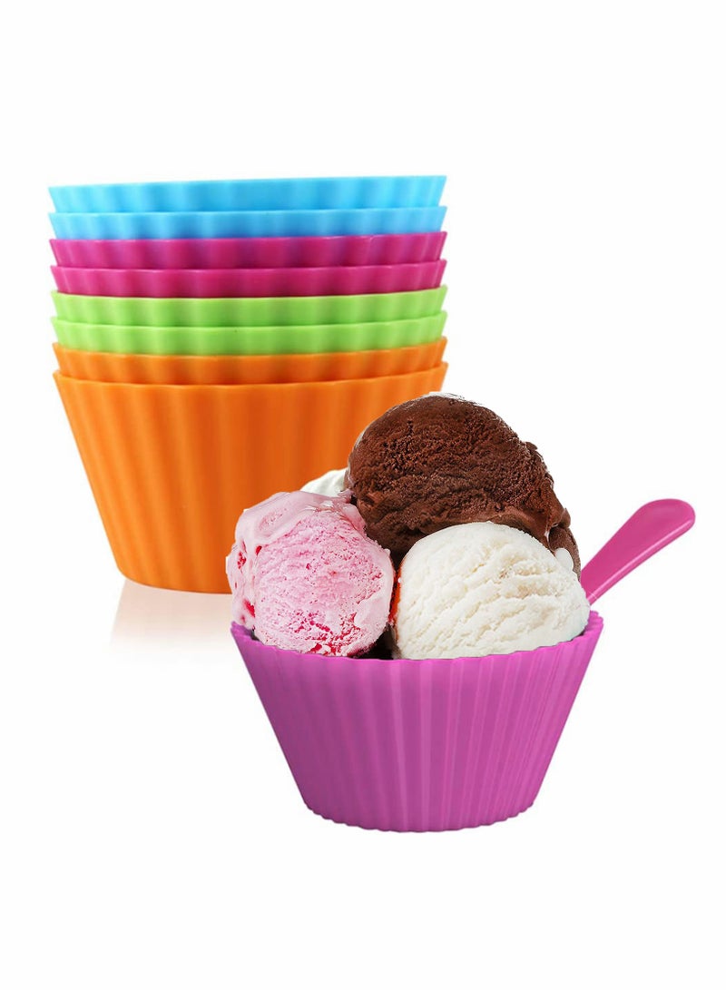 Plastic Ice Cream Bowls With Spoons Set of 8, Dessert Frozen Yogurt Sundae Cups Fruit Snack Stackable Bowls for Kids, 4 Vibrant Colors