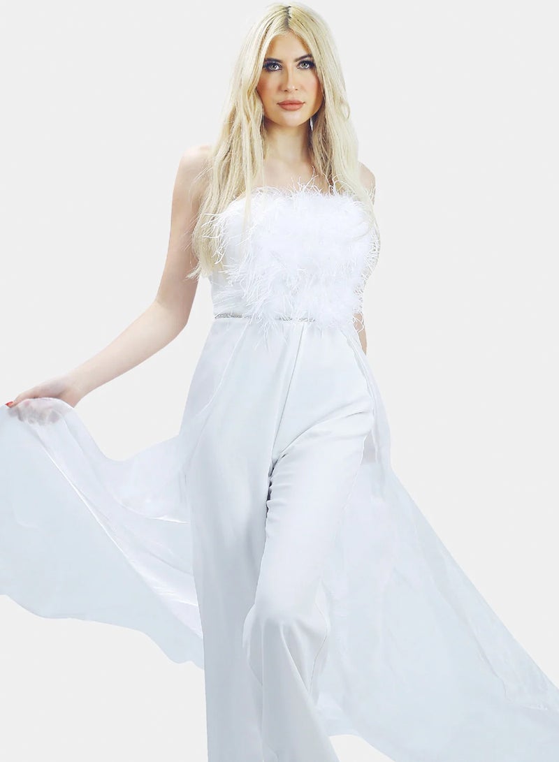 White Long Cocktail Jumpsuit With Feather Details