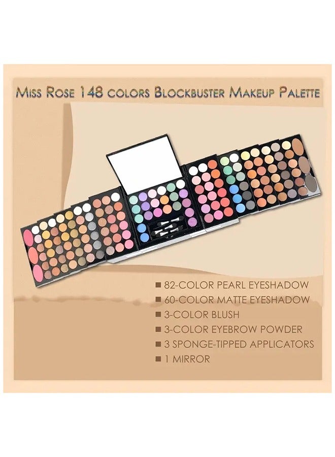 148-Color Magic Cube Makeup Kit - Includes 82-Color Pearly Eyeshadow Palette, 60-Color Matte Eyeshadow, 3-Color Blush, 3-Color Eyebrow Powder, and 3 Sponge Stick