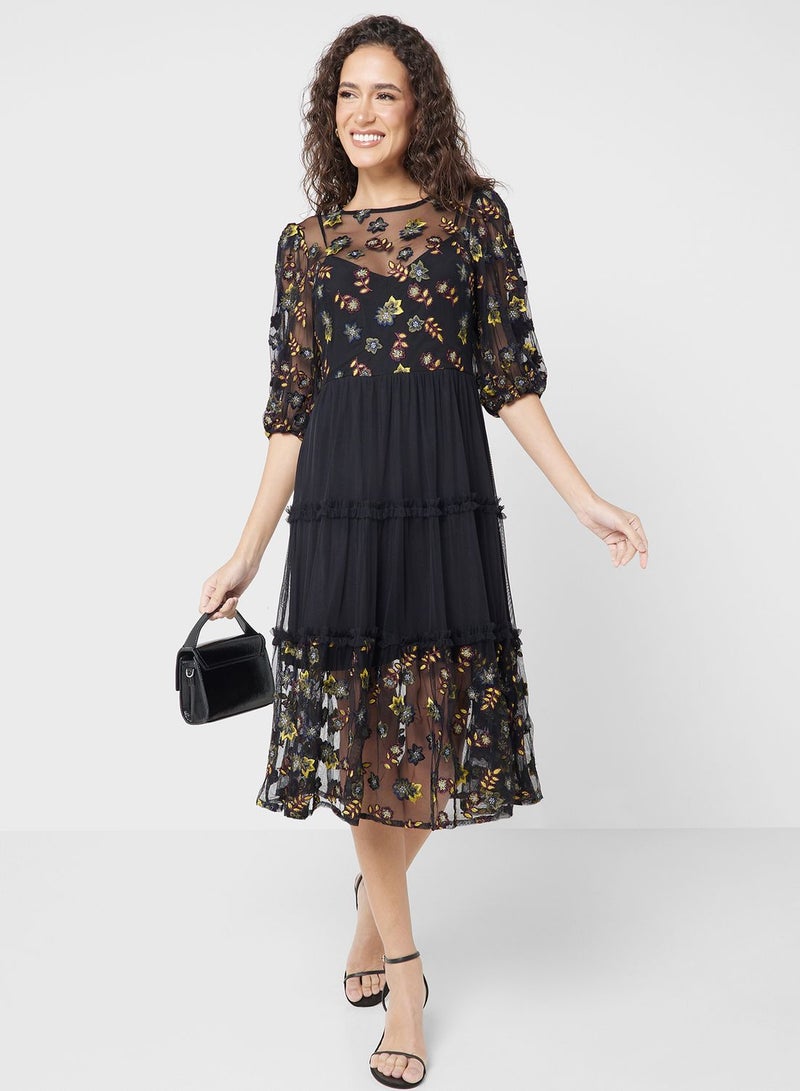 Embroidered Mesh Detail Dress
