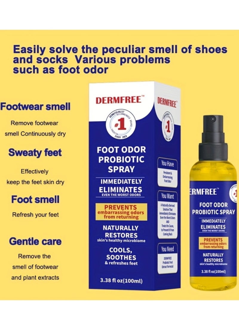 100ml Foot Odor Probiotic Spray Foot Odor Remover Spray Immediately Eliminates and Prevent Odor from Returning Cool Refresh Foot and Shoe Deodorant Spray with Castor Seed Oil and Mint Odor Eliminator