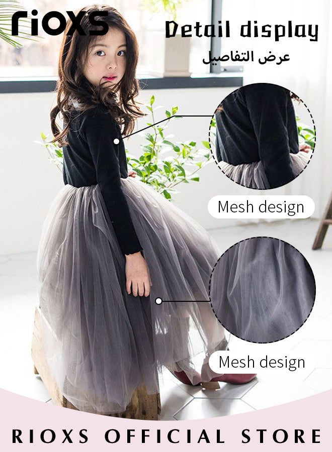 Girls A-line Tutu Dress, Round Neck Long Sleeve Slim Dress, Elegant Princess Dress with Mesh Hem, Perfect for Both Daily Wear and Party Events