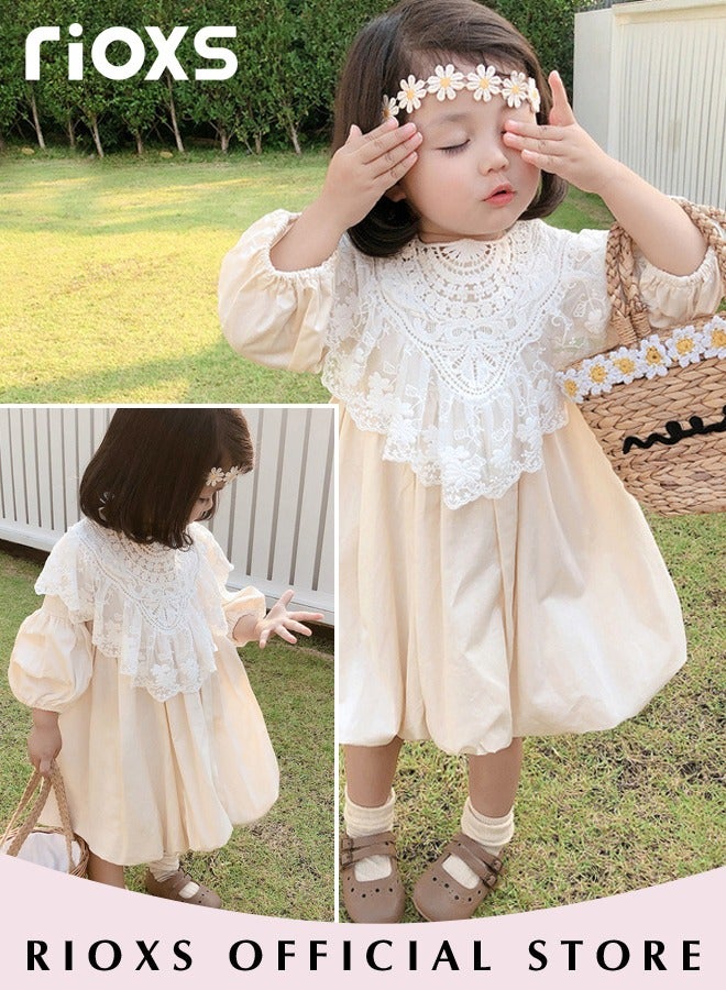 Kids Girls Cotton A Line Dress Round Neck Long Sleeve Dress Cute Princess Dress with Detachable Lace Neck