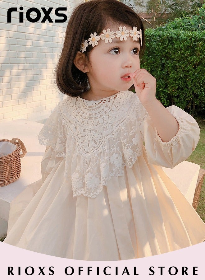 Kids Girls Cotton A Line Dress Round Neck Long Sleeve Dress Cute Princess Dress with Detachable Lace Neck