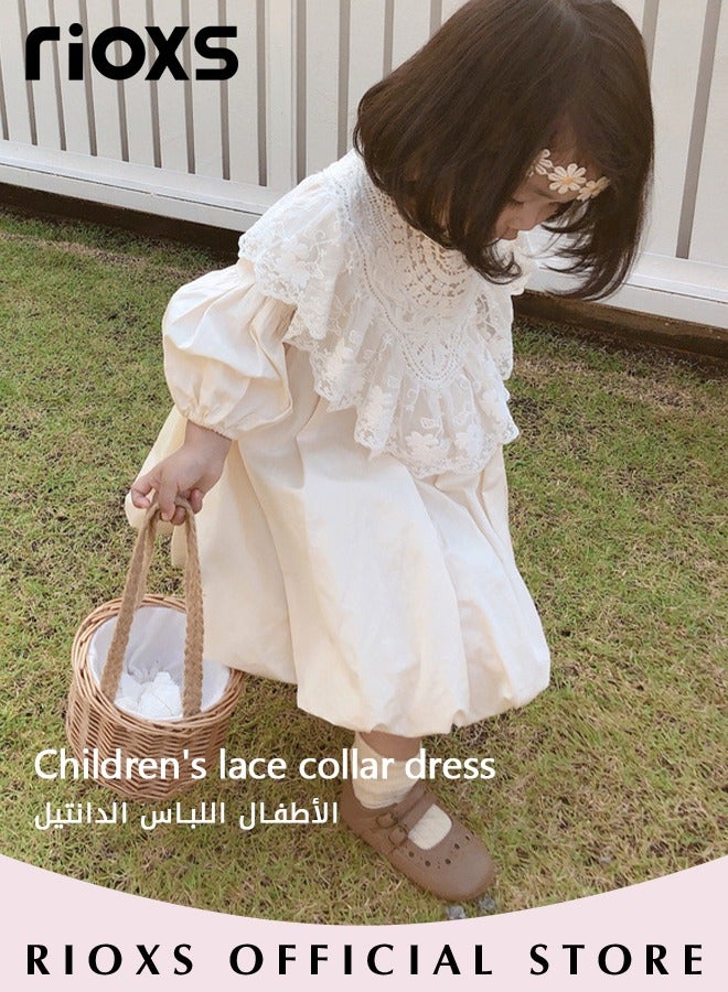 Kids Girls Cotton A Line Dress Round Neck Long Sleeve Dress Cute Princess Dress with Detachable Lace Neck