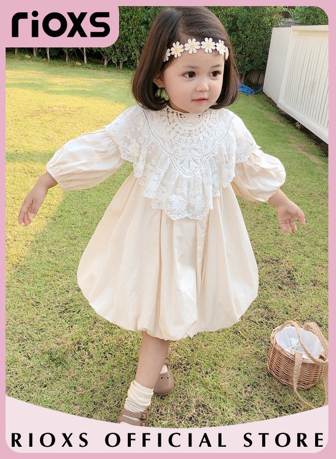 Kids Girls Cotton A Line Dress Round Neck Long Sleeve Dress Cute Princess Dress with Detachable Lace Neck