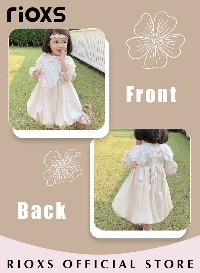 Kids Girls Cotton A Line Dress Round Neck Long Sleeve Dress Cute Princess Dress with Detachable Lace Neck