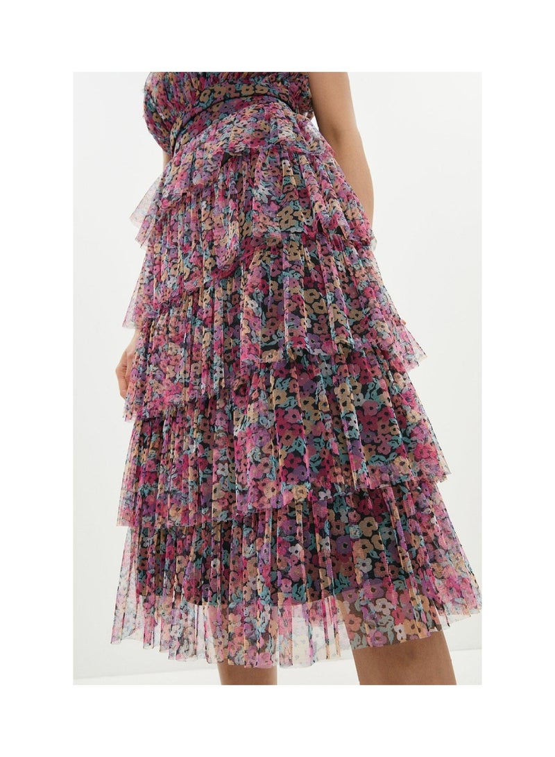 Floral Printed Tiered Midi Skirt