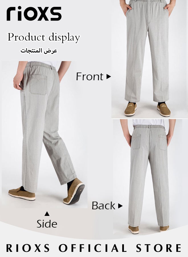 Men's Casual Linen Pants High Waist Elastic Waist Long Pants Soft and Breathable Straight Pants With 4 Pockets