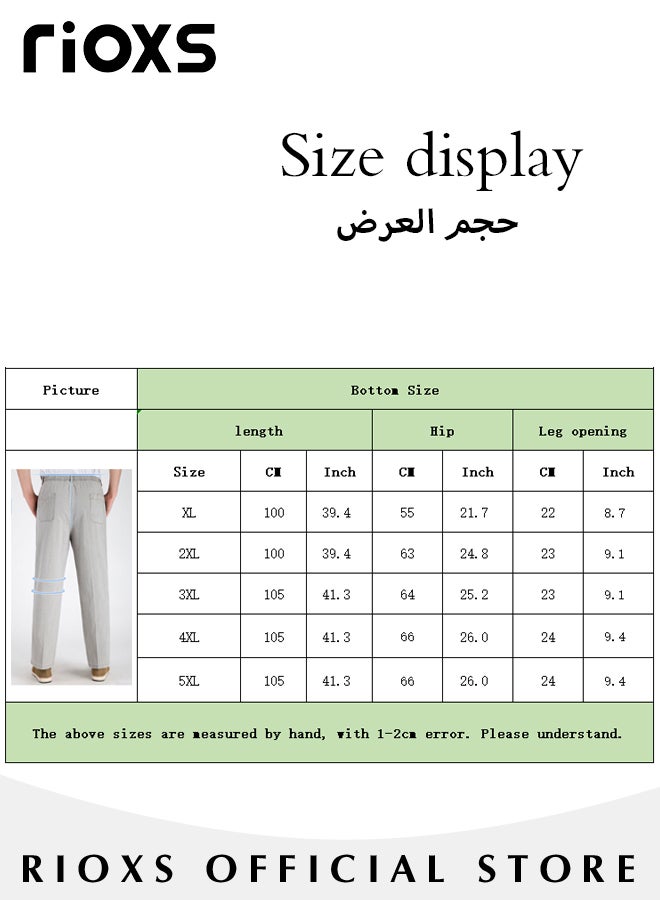 Men's Casual Linen Pants High Waist Elastic Waist Long Pants Soft and Breathable Straight Pants With 4 Pockets