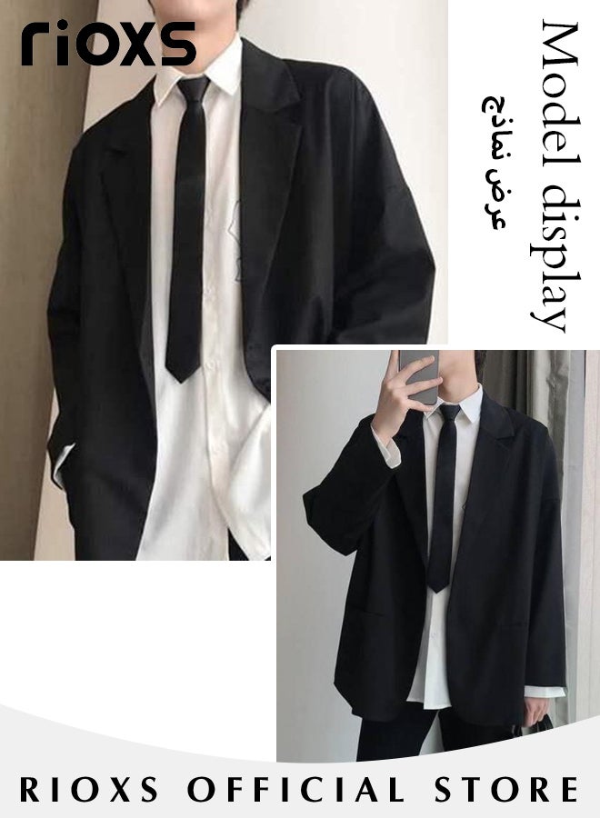 Men's 4 Pieces Fashion Loose Blazer Suit Two Buttons Loose Blazer Jacket & Long Straight Blazer Pants & Short Sleeve White Shirt & Black Tier for  Prom Fashion Party or Daily Wear