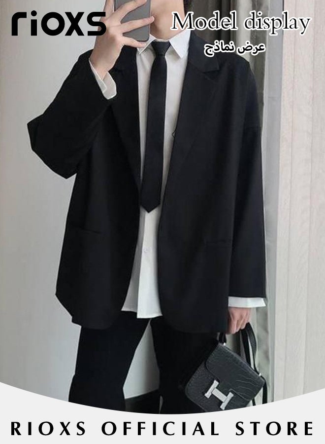 Men's 4 Pieces Fashion Loose Blazer Suit Two Buttons Loose Blazer Jacket & Long Straight Blazer Pants & Short Sleeve White Shirt & Black Tier for  Prom Fashion Party or Daily Wear