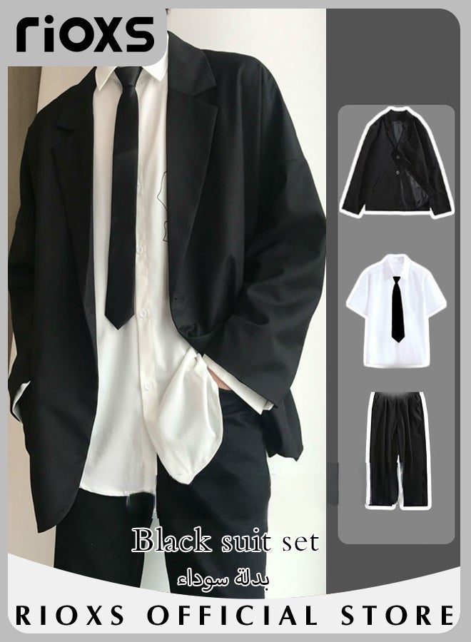 Men's 4 Pieces Fashion Loose Blazer Suit Two Buttons Loose Blazer Jacket & Long Straight Blazer Pants & Short Sleeve White Shirt & Black Tier for  Prom Fashion Party or Daily Wear