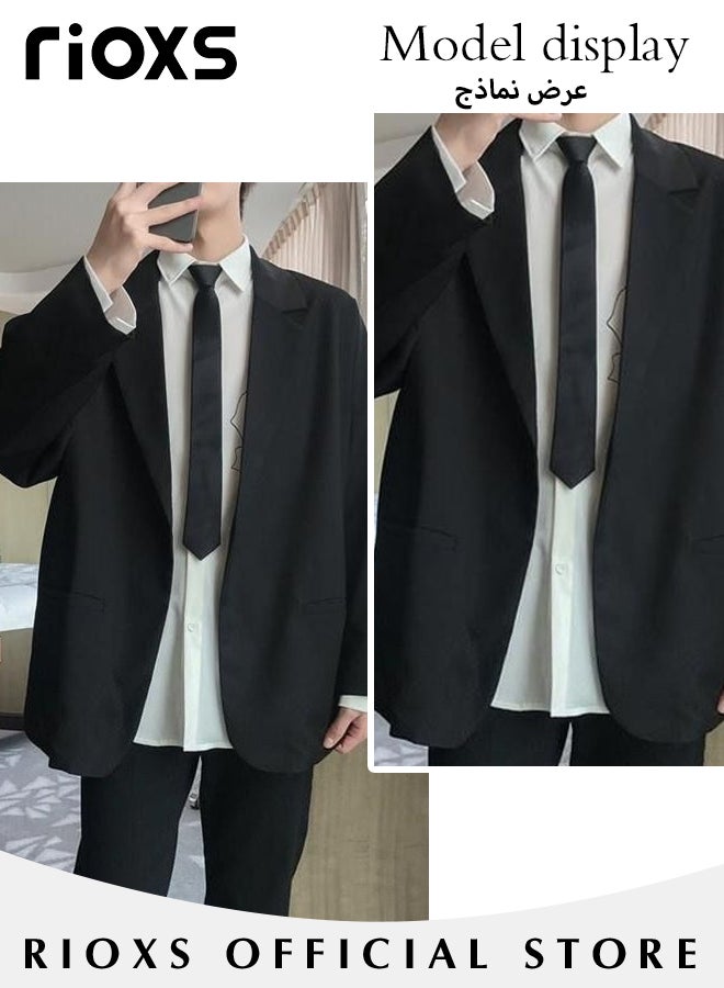 Men's 4 Pieces Fashion Loose Blazer Suit Two Buttons Loose Blazer Jacket & Long Straight Blazer Pants & Short Sleeve White Shirt & Black Tier for  Prom Fashion Party or Daily Wear